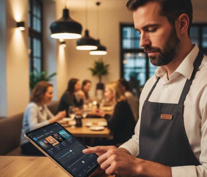 a man play music in tab from practical stream platform for restaurant